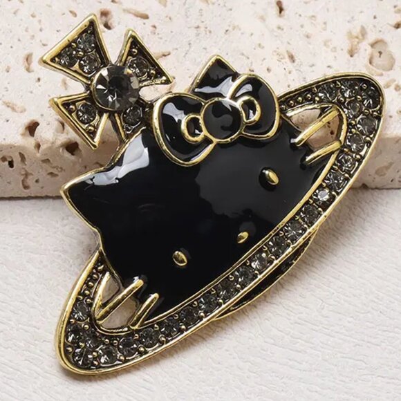Hello Kitty Pin Brooch Black Enamel & Antique Gold w/ cz's - Picture 2 of 3